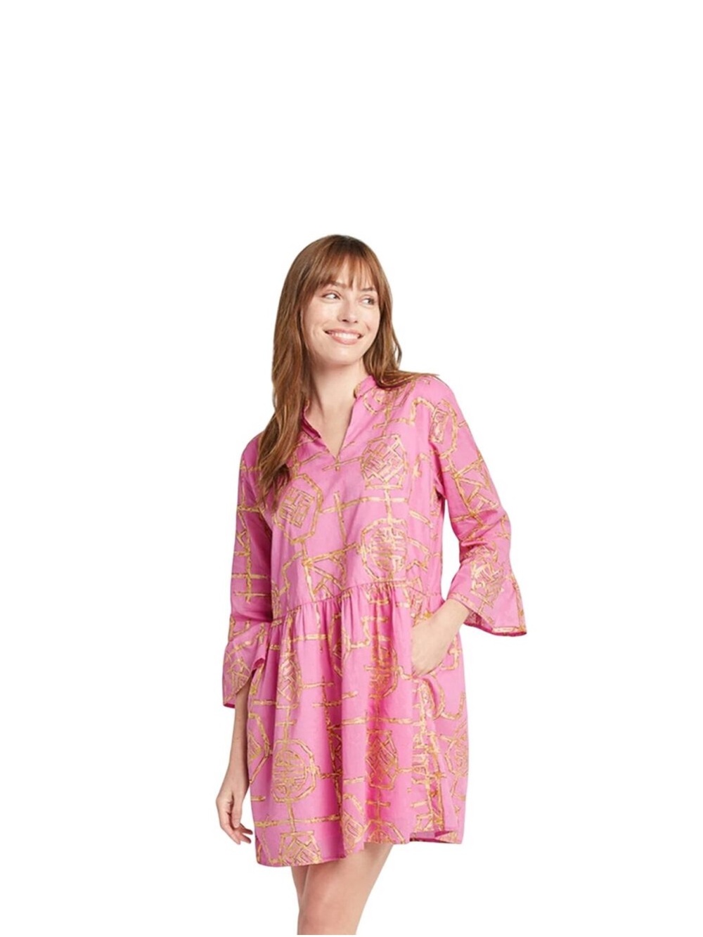 Jude Connally Faith Dress Pink Bamboo Print Cotton Voile Bell Sleeve Size XS EUC
